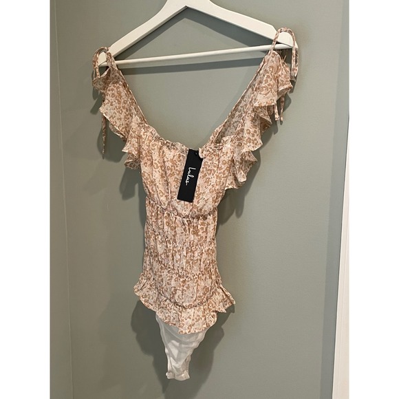 Lulus Floral Print Ruffled Sleeveless Smocked Bodysuit Tie Strap Top - Picture 6 of 10